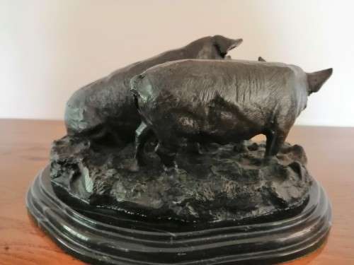 Antique Bronze Jules Moigniez 1800s Signed Pigs on Marble Base #