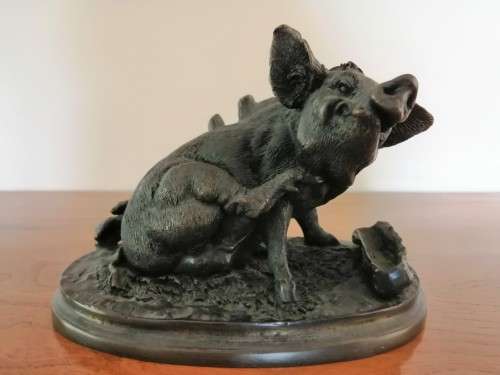 Antique Bronze PJ Mene 1800s Signed Pig Eating #
