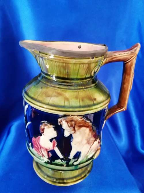 An antique English pottery wonderful Majolica boy and dog Jug Pitcher C.1870