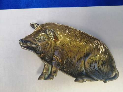 Antique Solid Brass Pig Pin Tray / Dish / Ashtray, Wild Boar Sitting  #