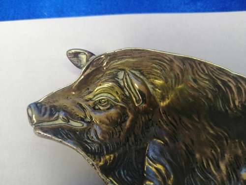 Antique Solid Brass Pig Pin Tray / Dish / Ashtray, Wild Boar Sitting  #