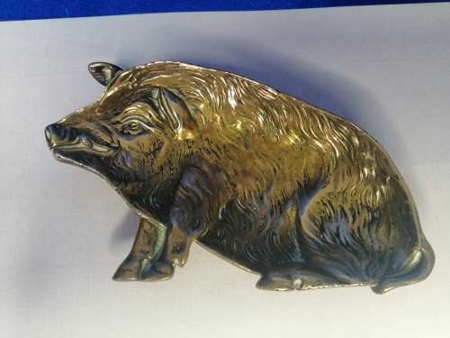 Antique Solid Brass Pig Pin Tray / Dish / Ashtray, Wild Boar Sitting  #