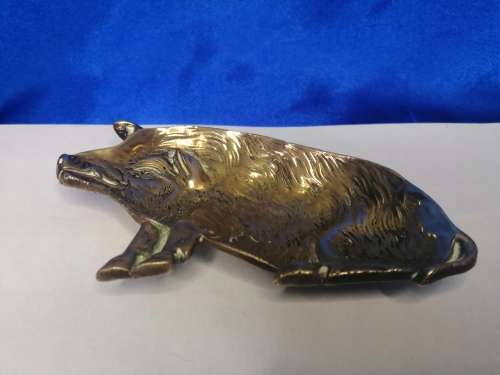 Antique Solid Brass Pig Pin Tray / Dish / Ashtray, Wild Boar Sitting  #