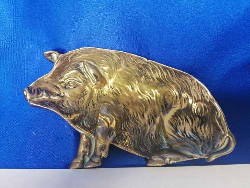 Antique Solid Brass Pig Pin Tray / Dish / Ashtray, Wild Boar Sitting  #