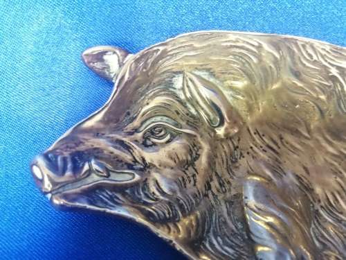 Antique Solid Brass Pig Pin Tray / Dish / Ashtray, Wild Boar Sitting  #