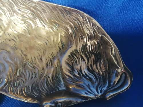 Antique Solid Brass Pig Pin Tray / Dish / Ashtray, Wild Boar Sitting  #