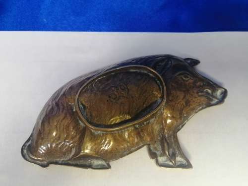 Antique Solid Brass Pig Pin Tray / Dish / Ashtray, Wild Boar Sitting  #