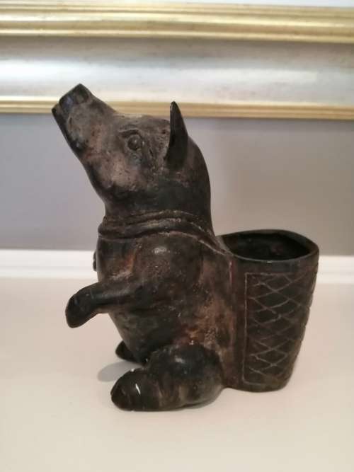 Antique Aged with Patina Brass Pig Carrying Basket Pig Planter Pig Cup Pig #