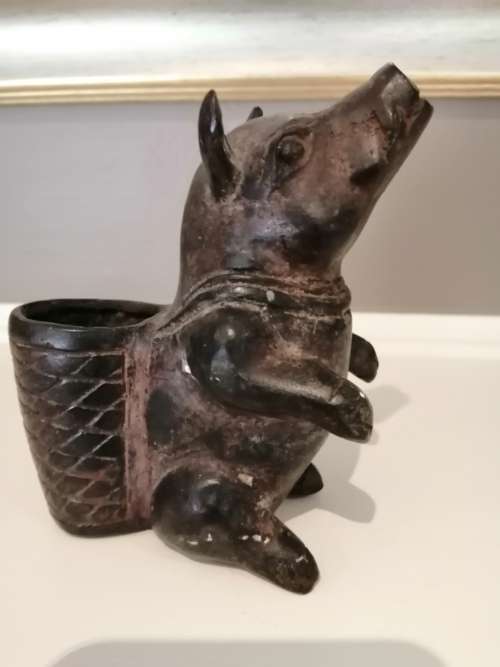 Antique Aged with Patina Brass Pig Carrying Basket Pig Planter Pig Cup Pig #