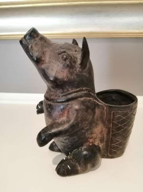 Antique Aged with Patina Brass Pig Carrying Basket Pig Planter Pig Cup Pig #