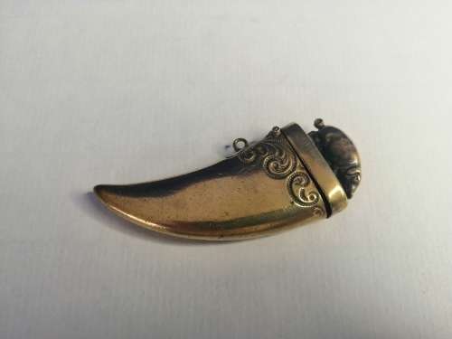 Circa 1890 Brass Vesta Case, or match case,chatelaine tusk shaped with a pig or boar on the lid #
