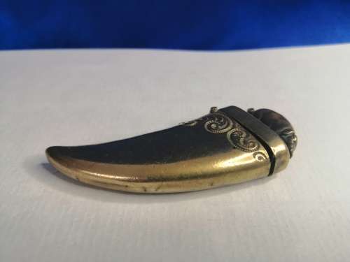 Circa 1890 Brass Vesta Case, or match case,chatelaine tusk shaped with a pig or boar on the lid #