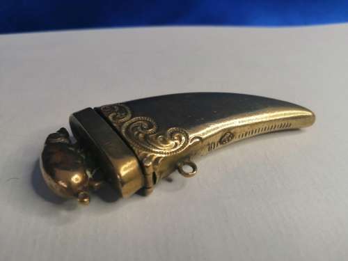 Circa 1890 Brass Vesta Case, or match case,chatelaine tusk shaped with a pig or boar on the lid #