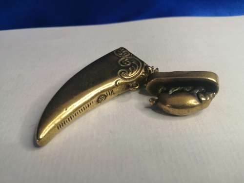 Circa 1890 Brass Vesta Case, or match case,chatelaine tusk shaped with a pig or boar on the lid #