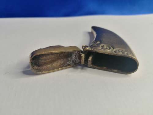 Circa 1890 Brass Vesta Case, or match case,chatelaine tusk shaped with a pig or boar on the lid #