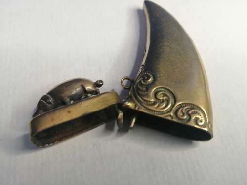 Circa 1890 Brass Vesta Case, or match case,chatelaine tusk shaped with a pig or boar on the lid #