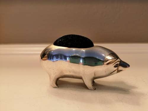 Vintage c1940 ,solid silver Birmingham pig pin cushion , pincushion #