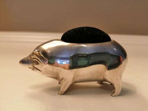 Vintage c1940 ,solid silver Birmingham pig pin cushion , pincushion #