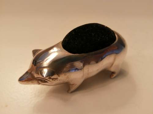 Vintage c1940 ,solid silver Birmingham pig pin cushion , pincushion #