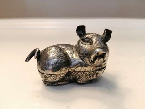 Early 20th century Original Silver Indian (Cambodian) silver snuff box in the form of a Pig  #