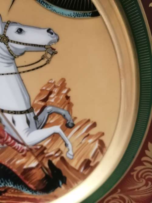 ST. GEORGE and THE DRAGON HAND PAINTED and GILDED CERAMIC PLATE #