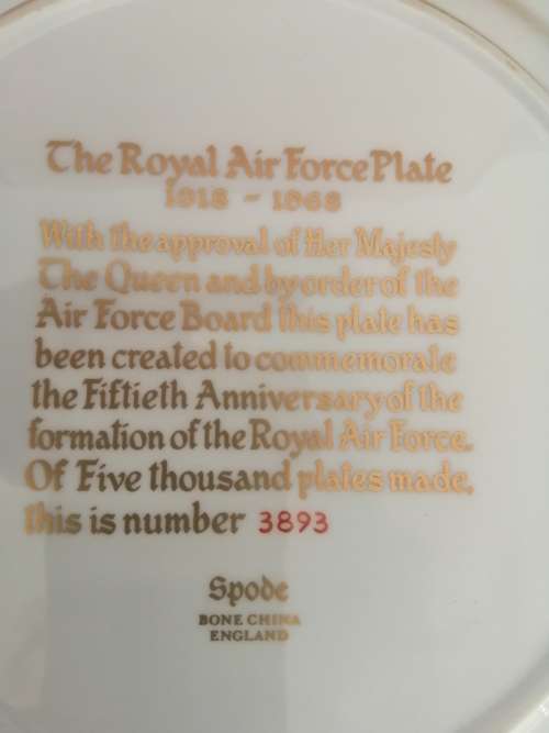 SPODE Royal Air Force 50th Anniversary Commemorative Plate - Number 3893 of 5000 #