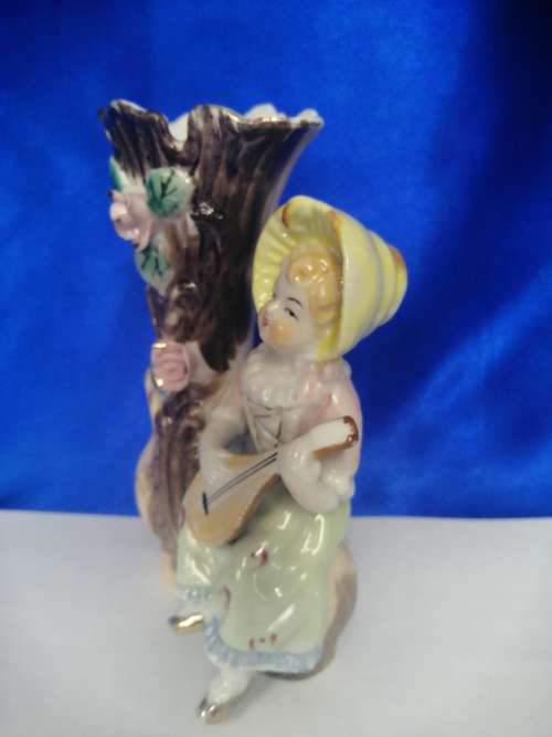 Vintage Large Porcelain Flower Vase Lady Playing Instrument Decor Victorian