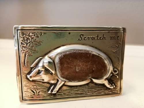 ANTIQUE REPOUSSE BRASS PIG LARGE MATCHBOX HOLDER- ENGRAVED `SCRATCH ME` #