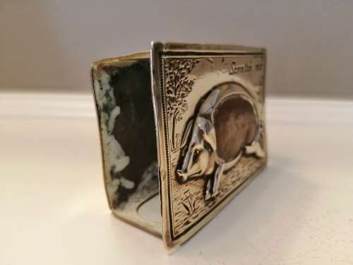 ANTIQUE REPOUSSE BRASS PIG LARGE MATCHBOX HOLDER- ENGRAVED `SCRATCH ME` #
