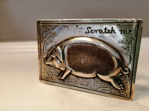 ANTIQUE REPOUSSE BRASS PIG LARGE MATCHBOX HOLDER- ENGRAVED `SCRATCH ME` #