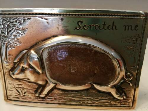 ANTIQUE REPOUSSE BRASS PIG LARGE MATCHBOX HOLDER- ENGRAVED `SCRATCH ME` #