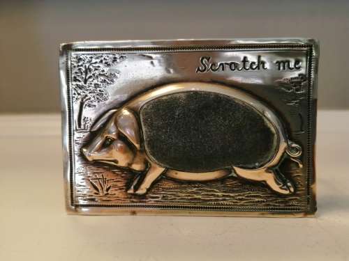 ANTIQUE REPOUSSE BRASS PIG LARGE MATCHBOX HOLDER- ENGRAVED `SCRATCH ME` #