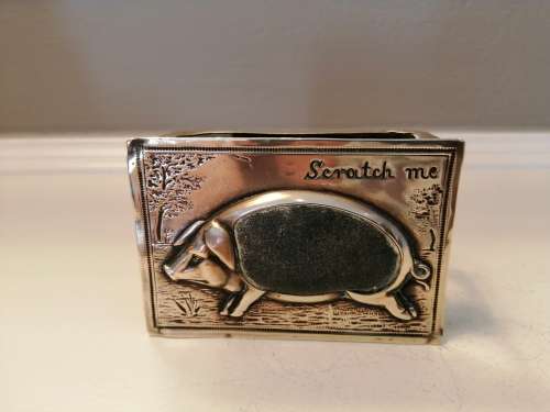 ANTIQUE REPOUSSE BRASS PIG LARGE MATCHBOX HOLDER- ENGRAVED `SCRATCH ME` #