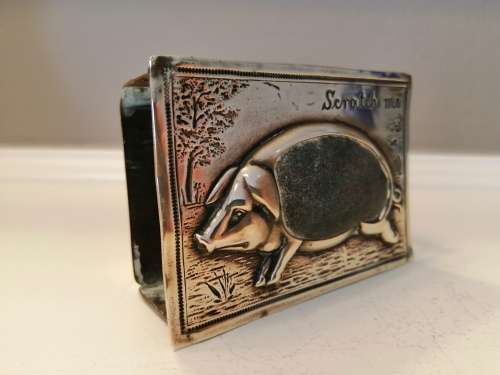 ANTIQUE REPOUSSE BRASS PIG LARGE MATCHBOX HOLDER- ENGRAVED `SCRATCH ME` #