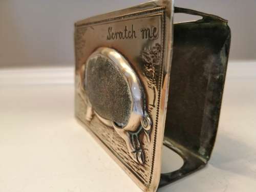 ANTIQUE REPOUSSE BRASS PIG LARGE MATCHBOX HOLDER- ENGRAVED `SCRATCH ME` #