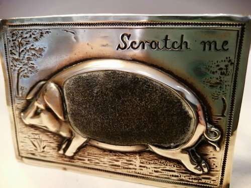 ANTIQUE REPOUSSE BRASS PIG LARGE MATCHBOX HOLDER- ENGRAVED `SCRATCH ME` #