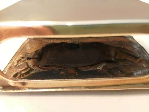 ANTIQUE REPOUSSE BRASS PIG LARGE MATCHBOX HOLDER- ENGRAVED `SCRATCH ME` #