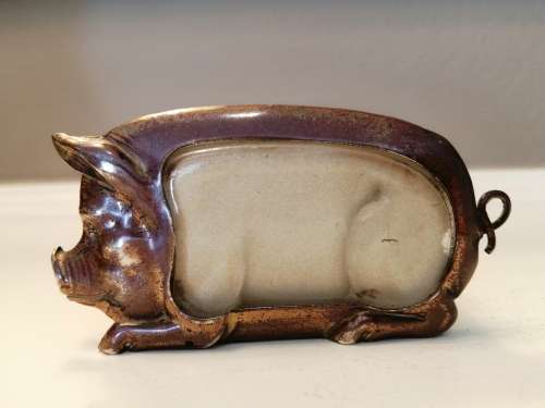 ANTIQUE  BRASS and GLASS PIG LARGE MATCHBOX HOLDER #