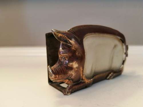 ANTIQUE  BRASS and GLASS PIG LARGE MATCHBOX HOLDER #