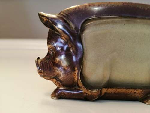 ANTIQUE  BRASS and GLASS PIG LARGE MATCHBOX HOLDER #