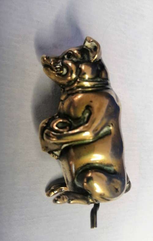 Antique Brass Figural Vesta Case - chatelaine Match Safe Pig Holding Bag of Money Go to Bed  #