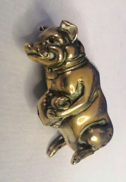 Antique Brass Figural Vesta Case - chatelaine Match Safe Pig Holding Bag of Money Go to Bed  #