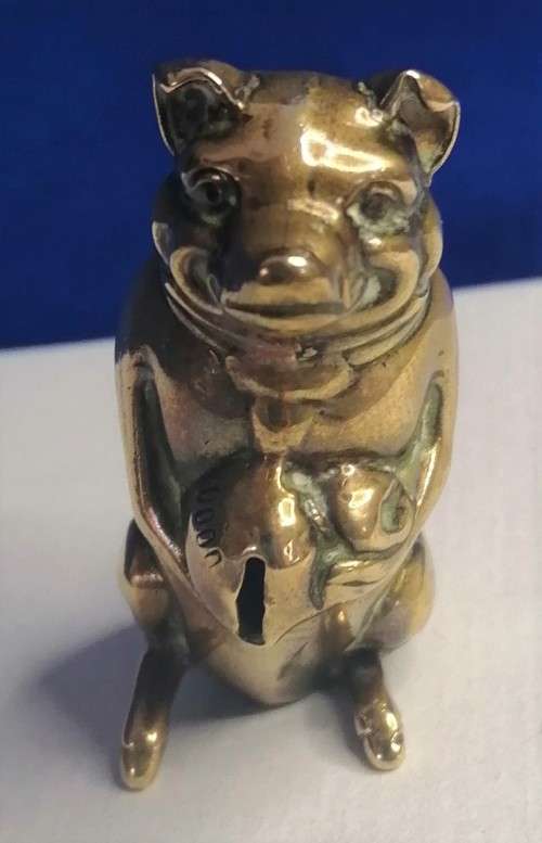 Antique Brass Figural Vesta Case - chatelaine Match Safe Pig Holding Bag of Money Go to Bed  #