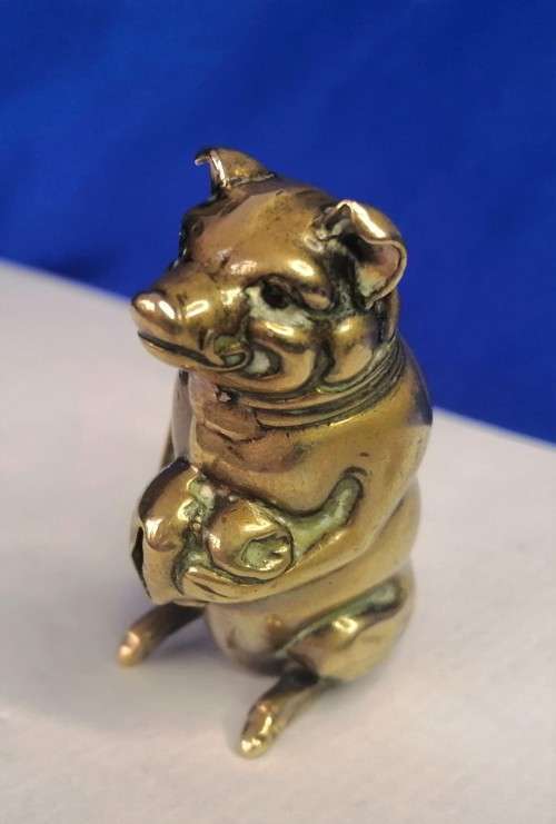 Antique Brass Figural Vesta Case - chatelaine Match Safe Pig Holding Bag of Money Go to Bed  #