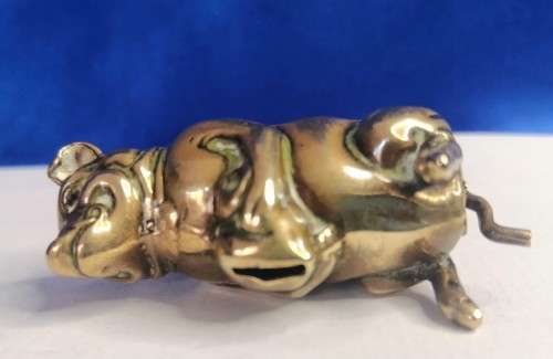 Antique Brass Figural Vesta Case - chatelaine Match Safe Pig Holding Bag of Money Go to Bed  #