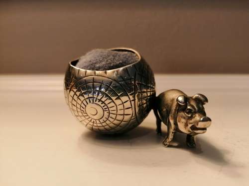 Charming Antique English EPNS Pig and Ball Pin Cushion  #