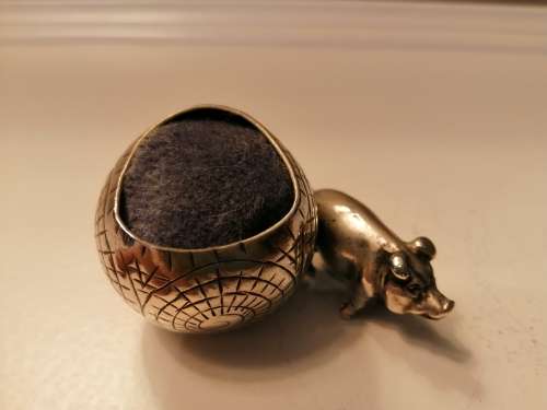Charming Antique English EPNS Pig and Ball Pin Cushion  #
