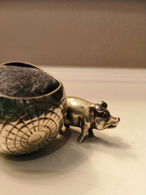 Charming Antique English EPNS Pig and Ball Pin Cushion  #