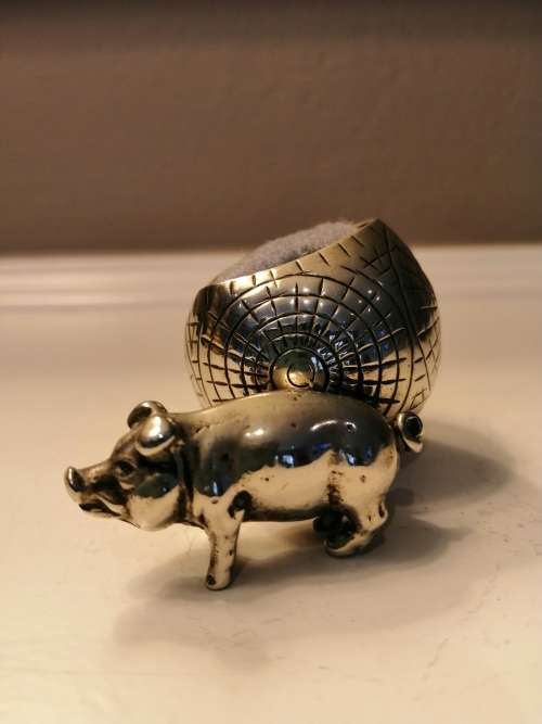 Charming Antique English EPNS Pig and Ball Pin Cushion  #