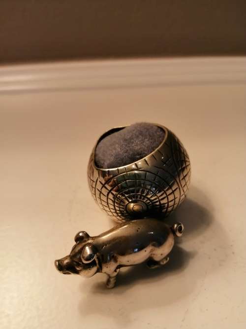 Charming Antique English EPNS Pig and Ball Pin Cushion  #